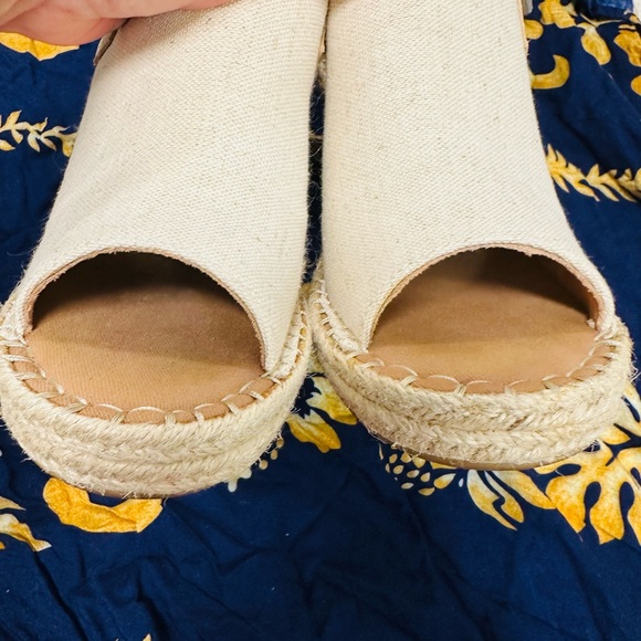 Toms Cream Canvas and Tan Leather Espadrille Wedge Sandals - Picture 6 of 12